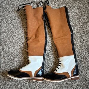 Elegant Tan and Black Over the Knee Boots